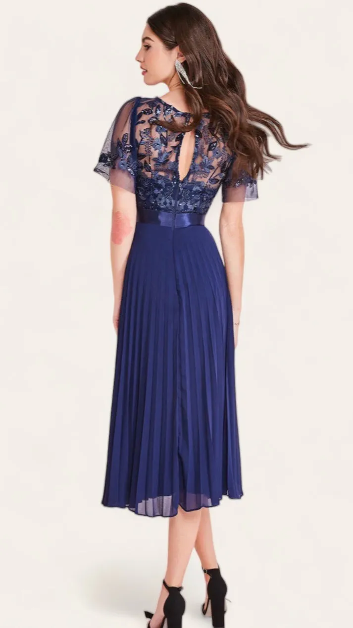 1-A1265 Navy Embroidered Bodice Dress