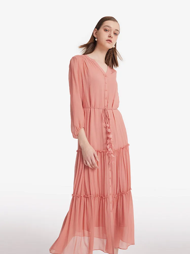 12 Momme Mulberry Silk Tiered Women Maxi Dress With Belt And Bottomed Spaghetti Strap Dress