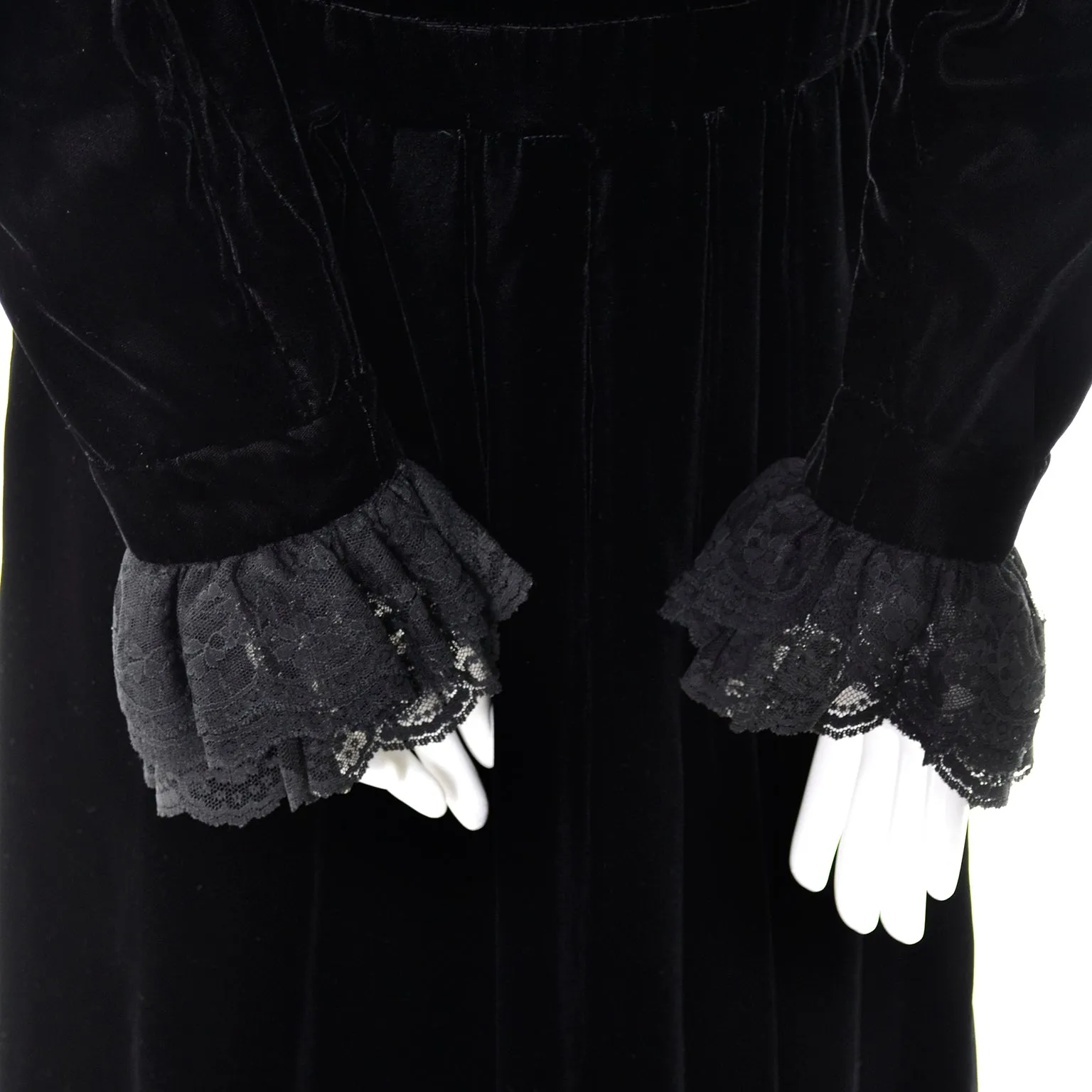 1970s Albert Nipon Victorian Style Black Velvet Lace Dress w/ Lace Trim