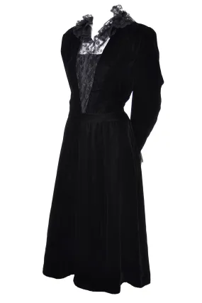 1970s Albert Nipon Victorian Style Black Velvet Lace Dress w/ Lace Trim