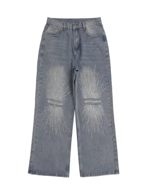 1984 Hip-Hop Shining Cross Hot Diamond Distressed Washed  Baggy Jeans