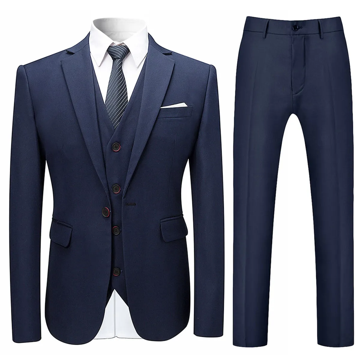 3-Piece Slim Fit Solid Color Jacket Smart Wedding Formal Suit Dark Blue