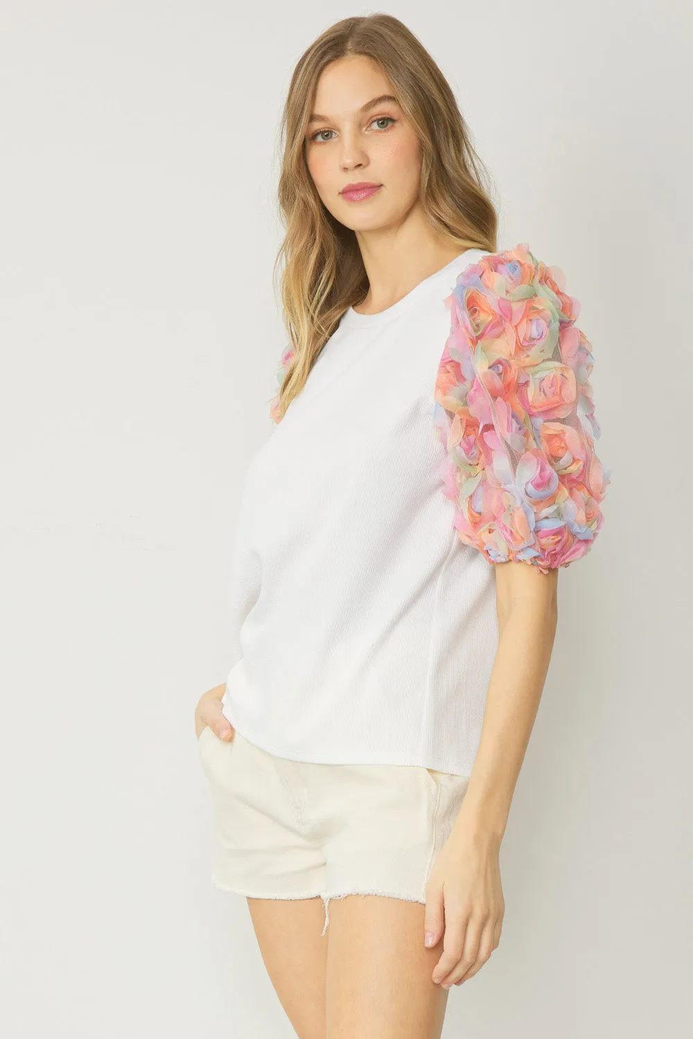 3D Floral Puff Sleeve Top, White