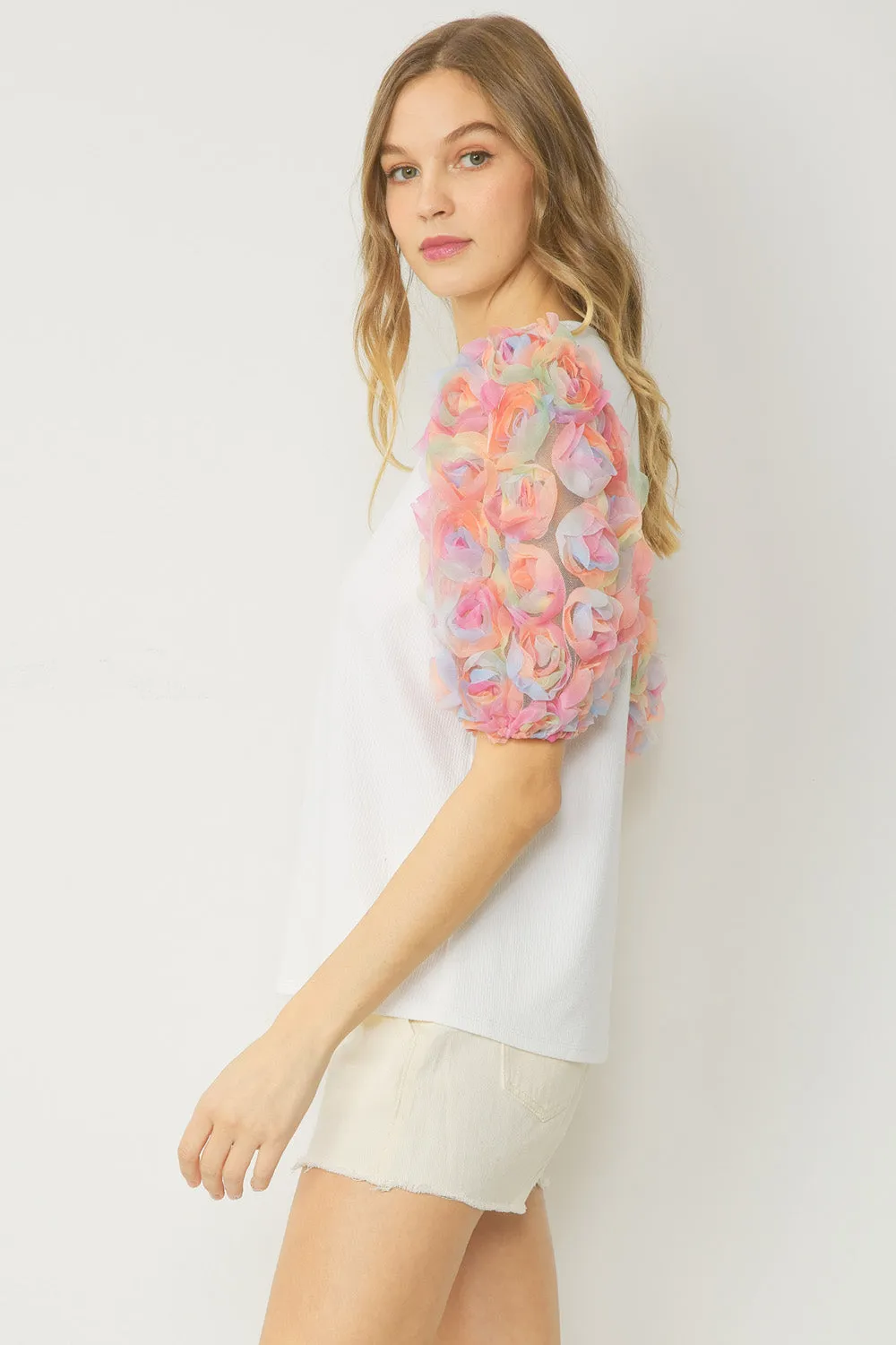 3D Floral Puff Sleeve Top, White