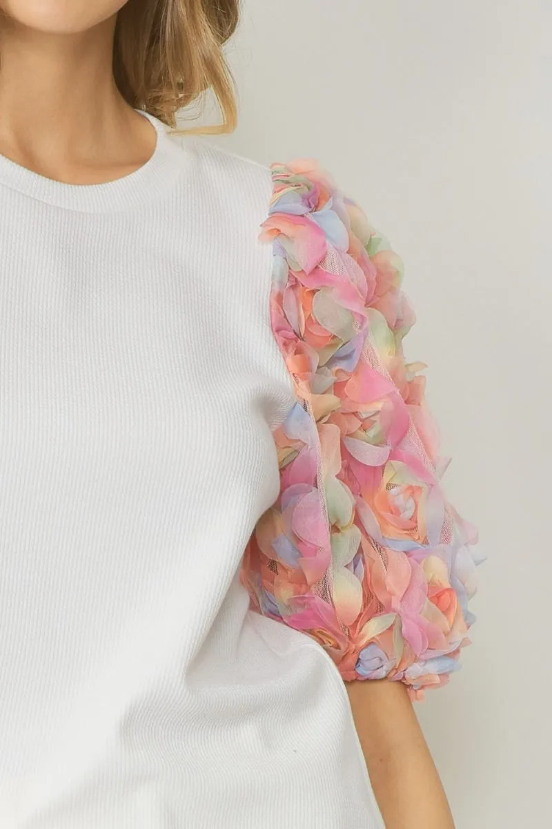 3D Floral Puff Sleeve Top, White