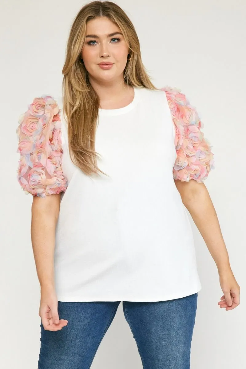 3D Floral Puff Sleeve Top, White