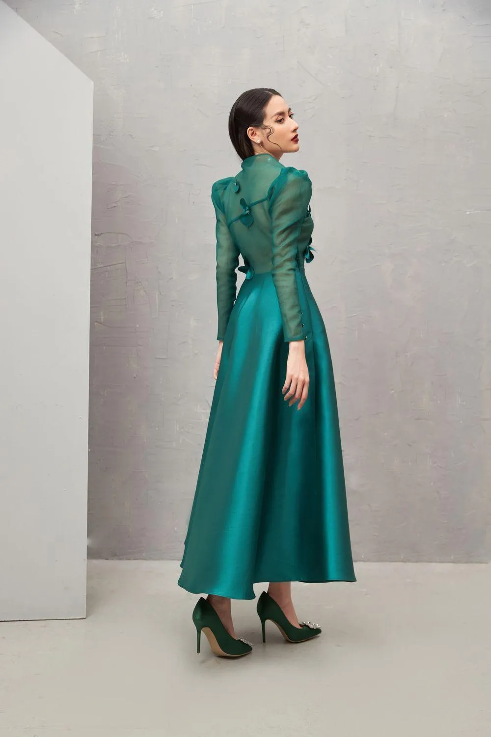 Adelaide Fit and Flare Long Sleeved Taffeta Midi Dress