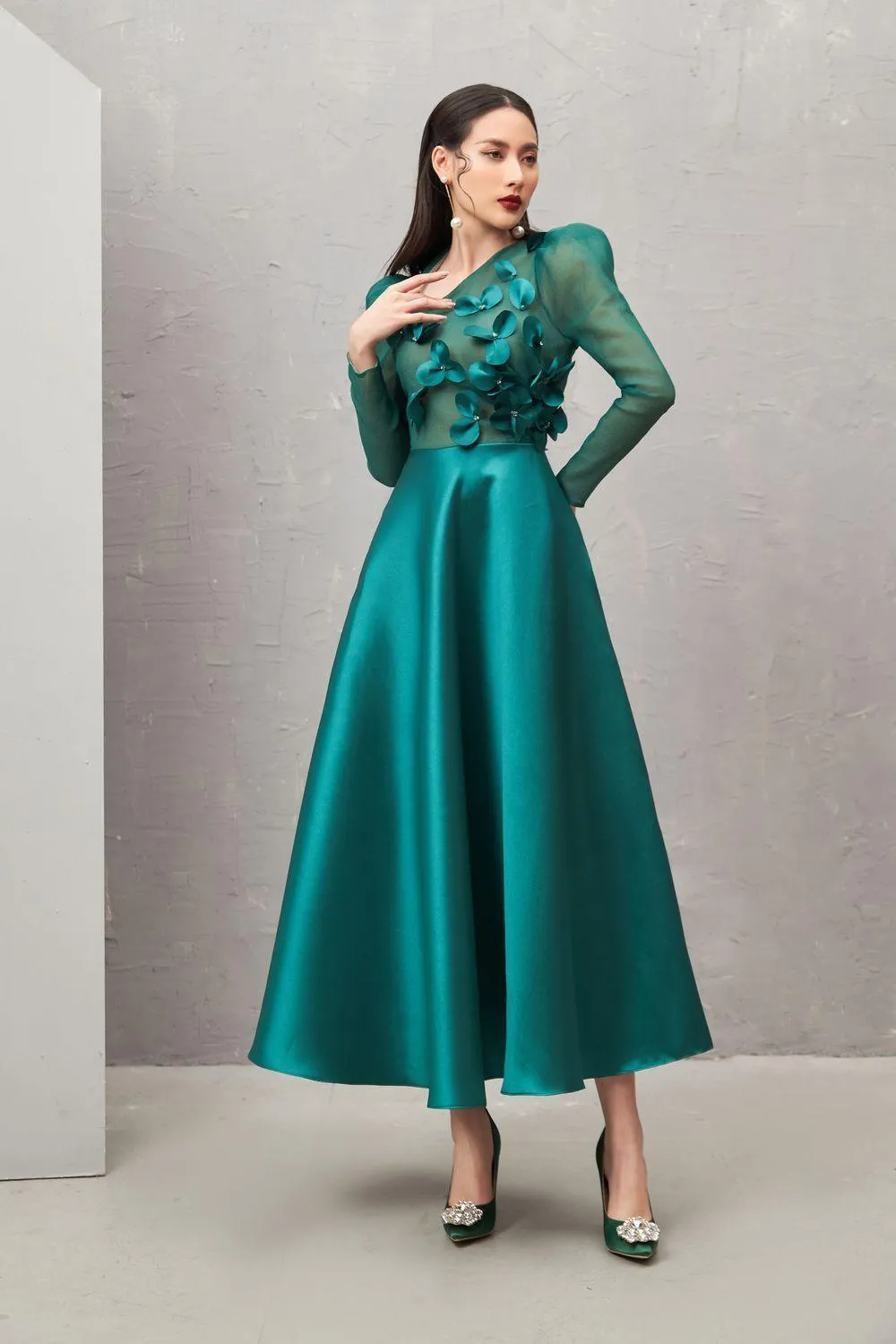 Adelaide Fit and Flare Long Sleeved Taffeta Midi Dress