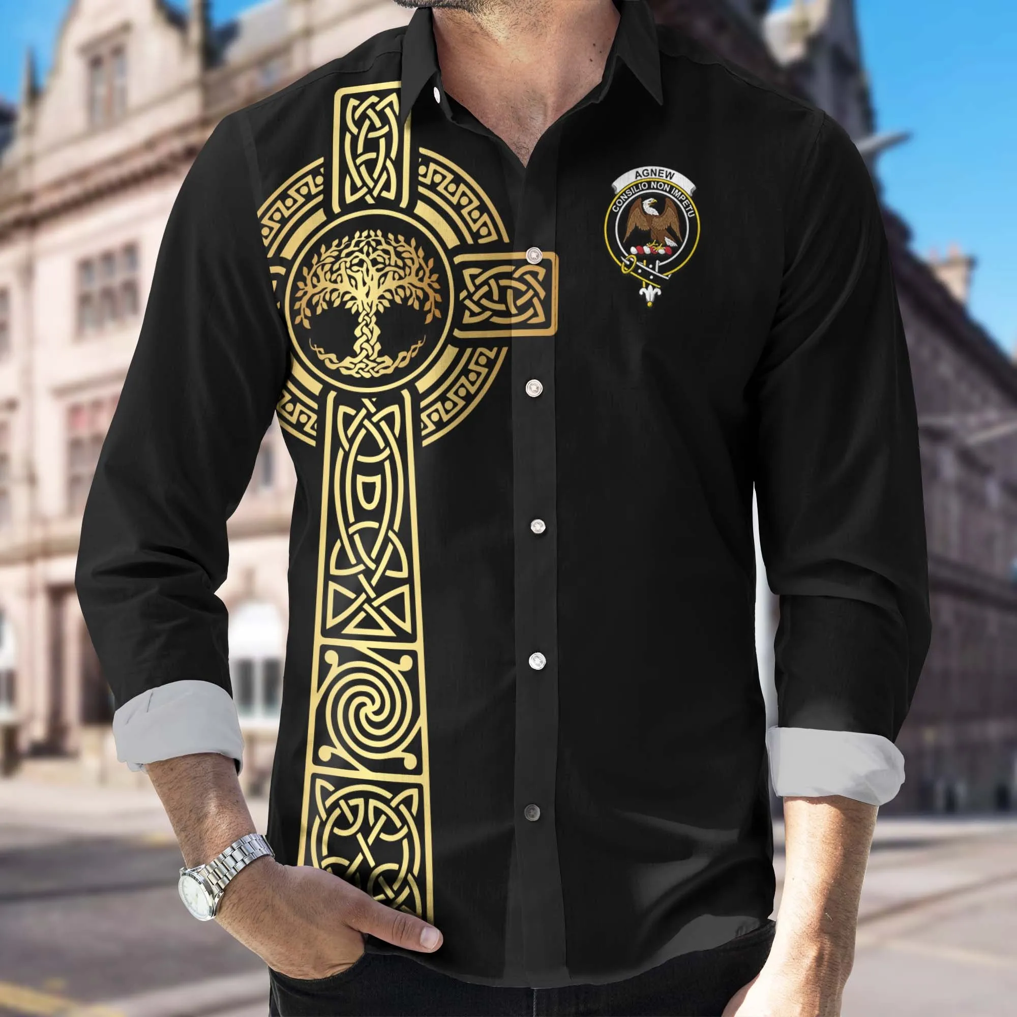 Agnew Clan Mens Long Sleeve Button Up Shirt with Golden Celtic Tree Of Life