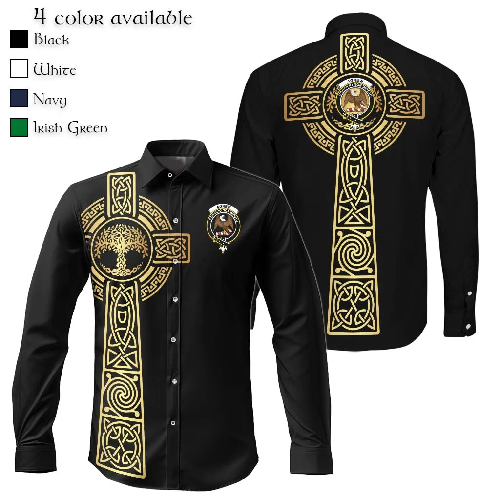 Agnew Clan Mens Long Sleeve Button Up Shirt with Golden Celtic Tree Of Life