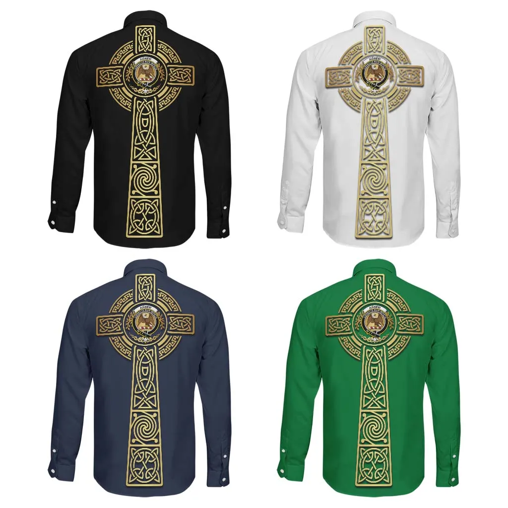 Agnew Clan Mens Long Sleeve Button Up Shirt with Golden Celtic Tree Of Life