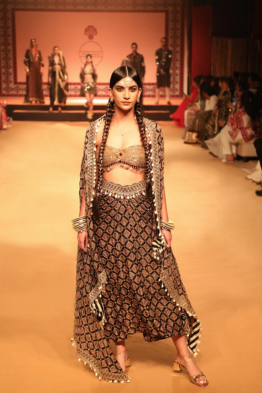 Ajrakh Sequin Embroidered Shell Cape Set.