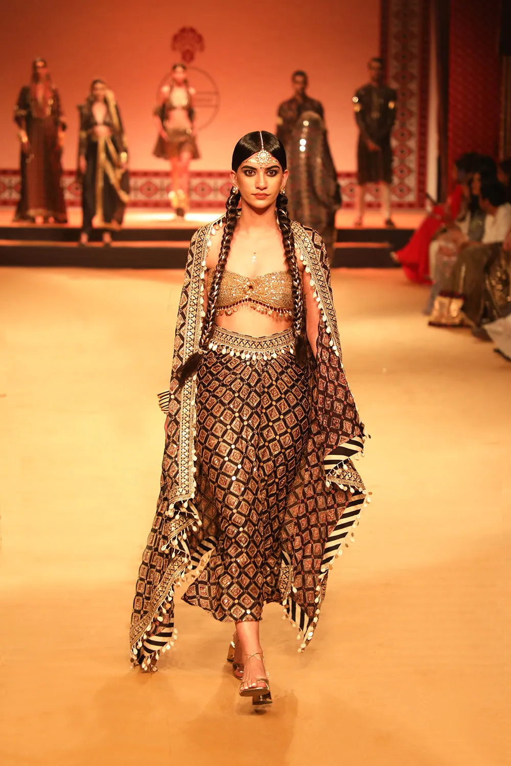 Ajrakh Sequin Embroidered Shell Cape Set.