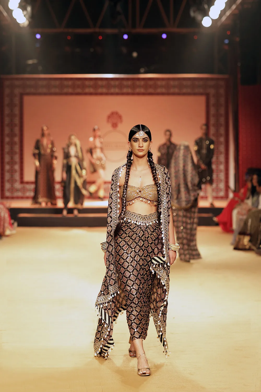 Ajrakh Sequin Embroidered Shell Cape Set.