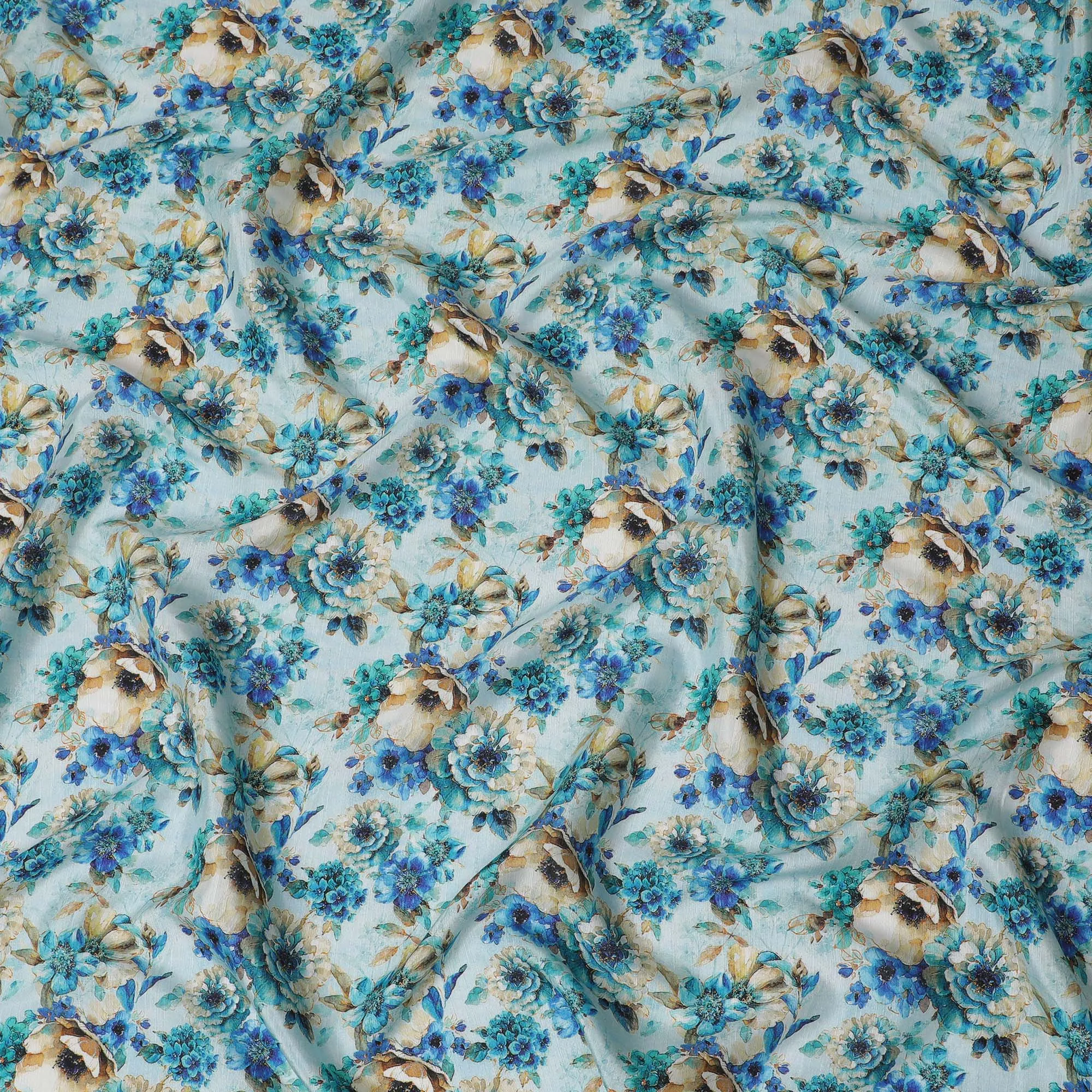 Aqua Blue and Beige Floral Viscose Modal Satin Fabric - 110 cm Width-D19983