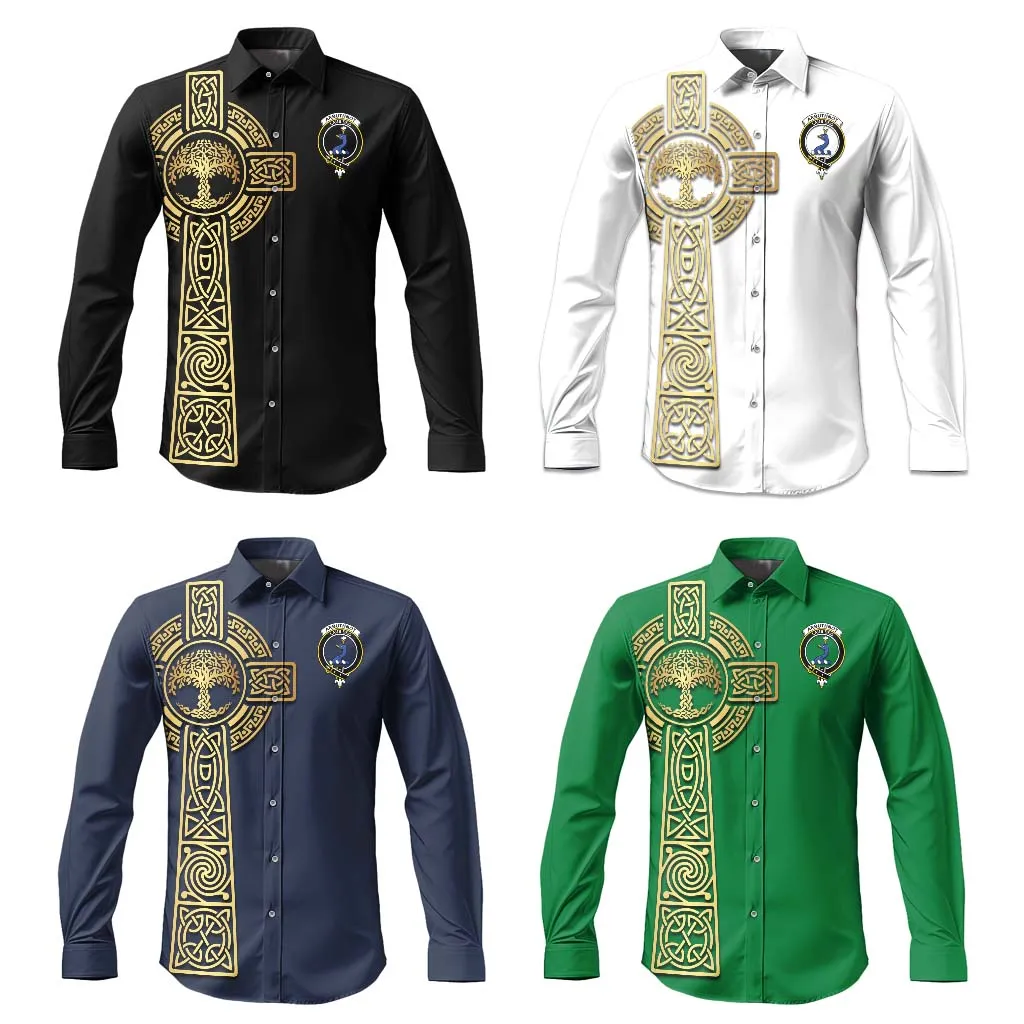 Arbuthnot Clan Mens Long Sleeve Button Up Shirt with Golden Celtic Tree Of Life