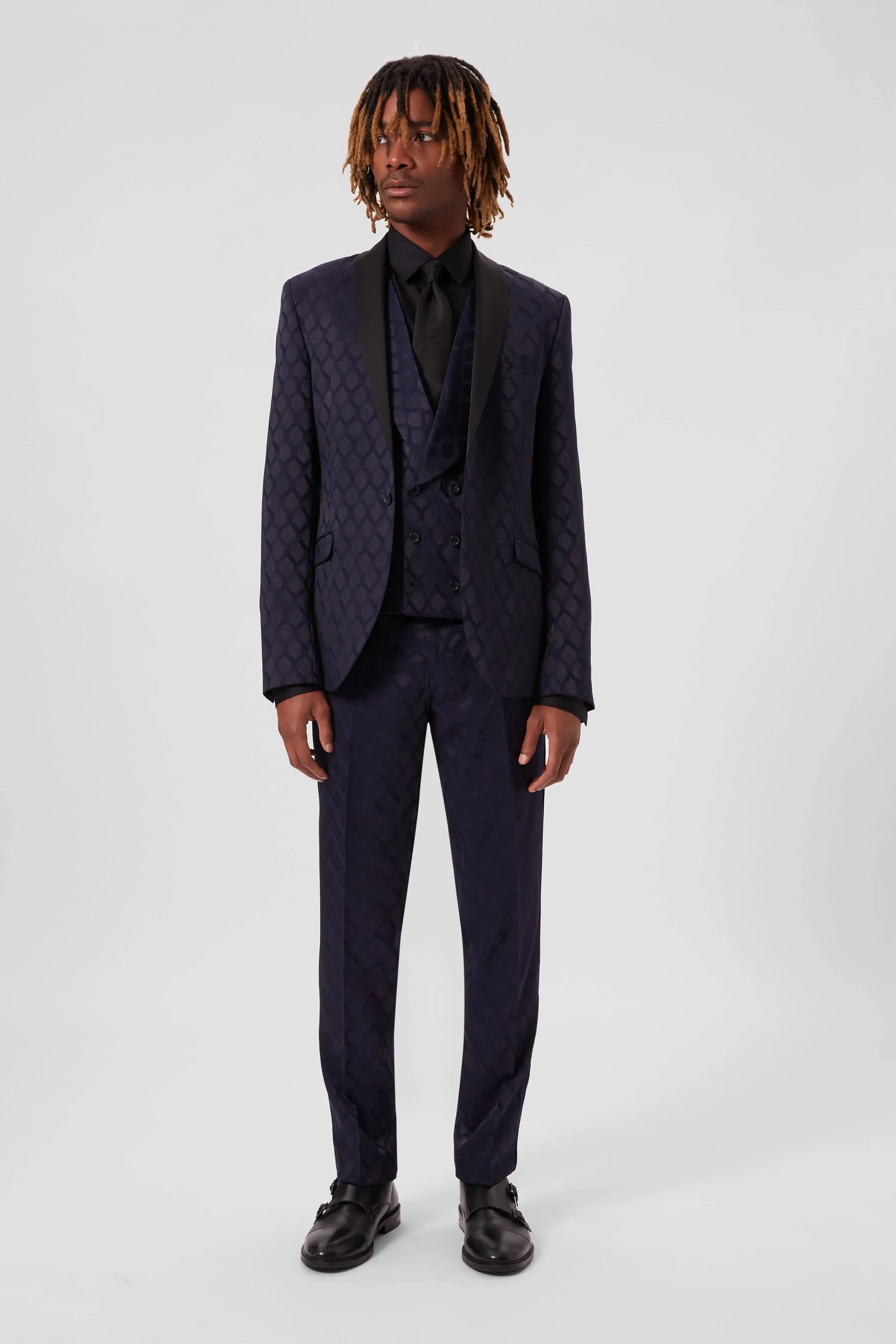 Archer Slim Fit Navy Jacquard Tuxedo Trousers - ARCHIVE