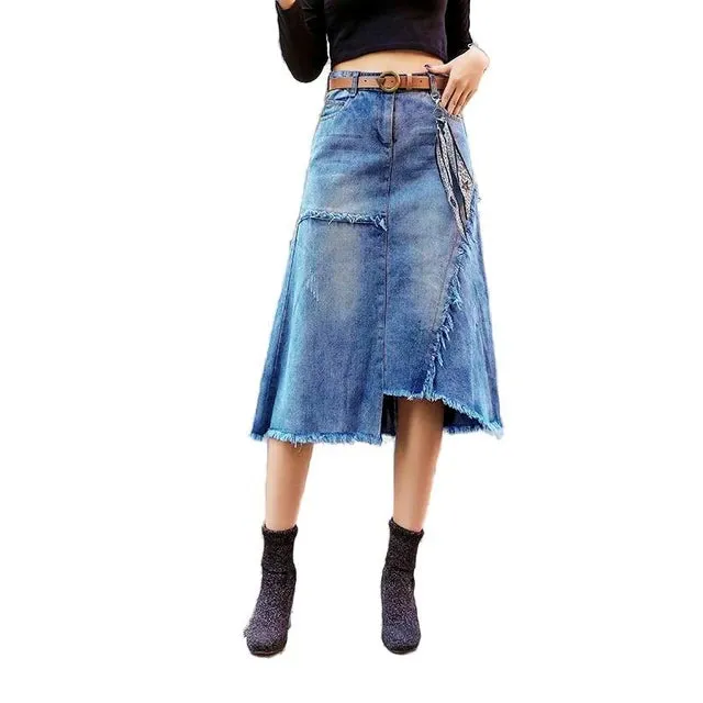 Asymmetrical Denim Midi Skirt