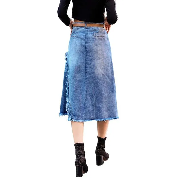 Asymmetrical Denim Midi Skirt