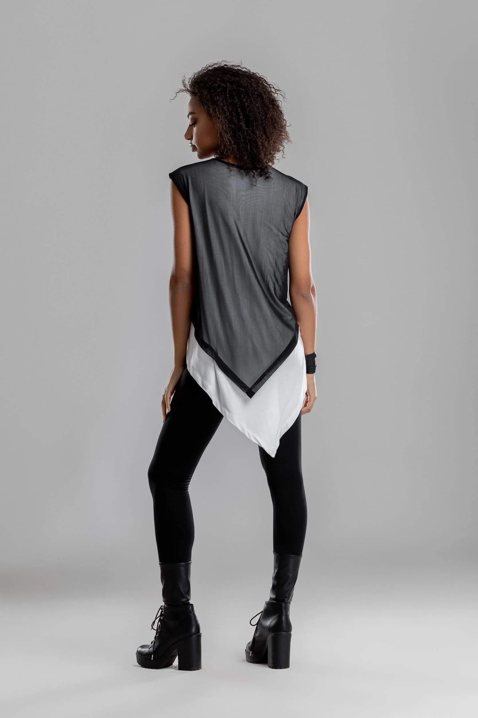 Asymmetrical white shirt with black mesh top