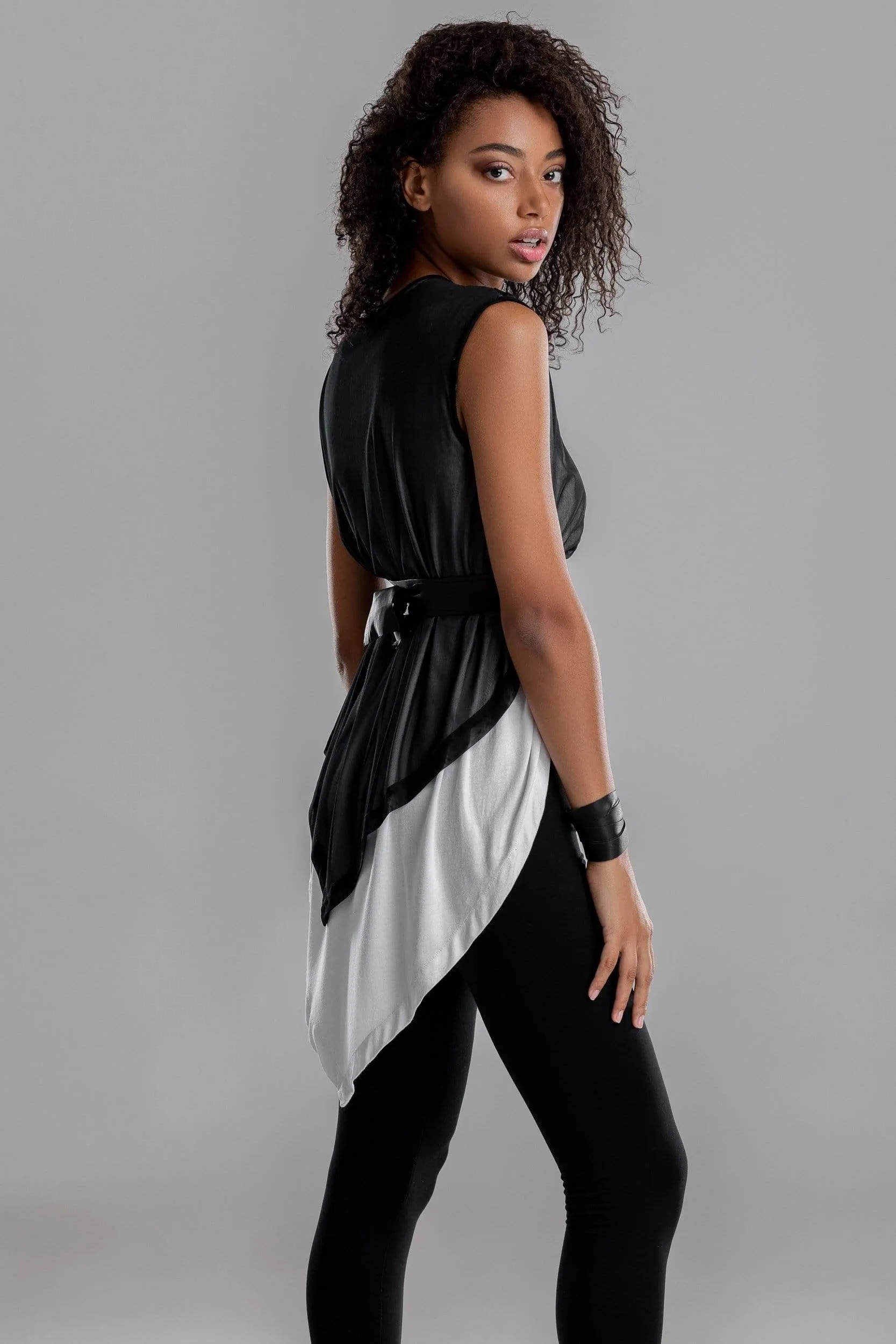 Asymmetrical white shirt with black mesh top