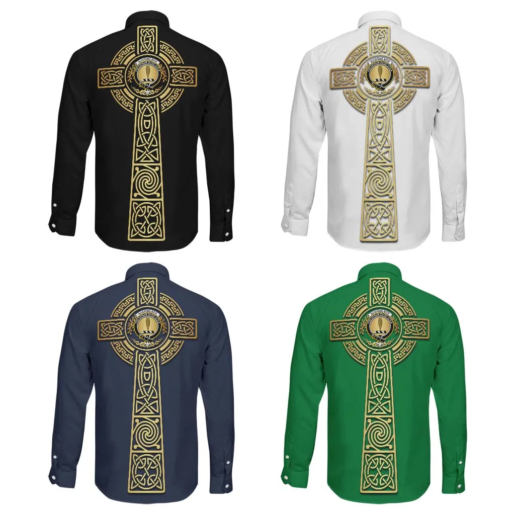 Auchinleck (Affleck) Clan Mens Long Sleeve Button Up Shirt with Golden Celtic Tree Of Life