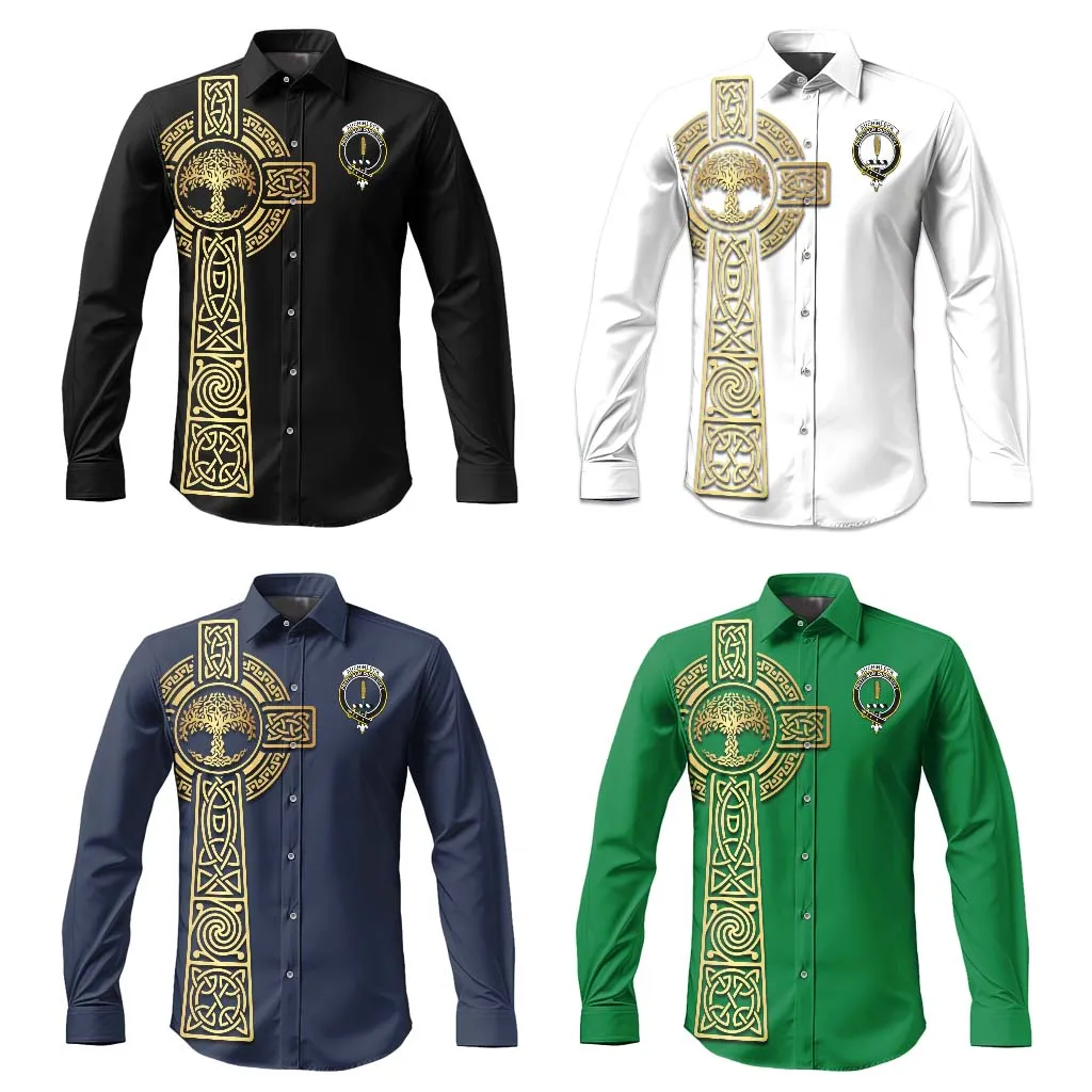 Auchinleck (Affleck) Clan Mens Long Sleeve Button Up Shirt with Golden Celtic Tree Of Life