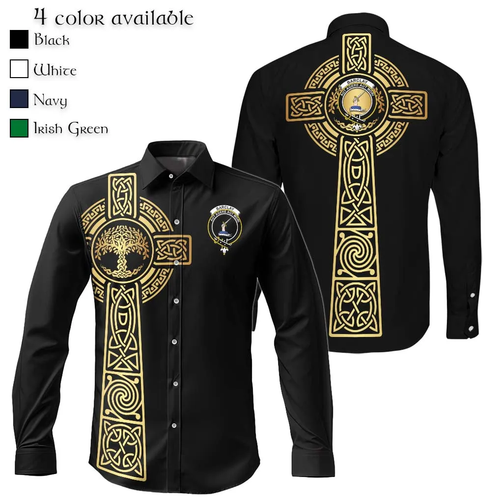 Barclay Clan Mens Long Sleeve Button Up Shirt with Golden Celtic Tree Of Life