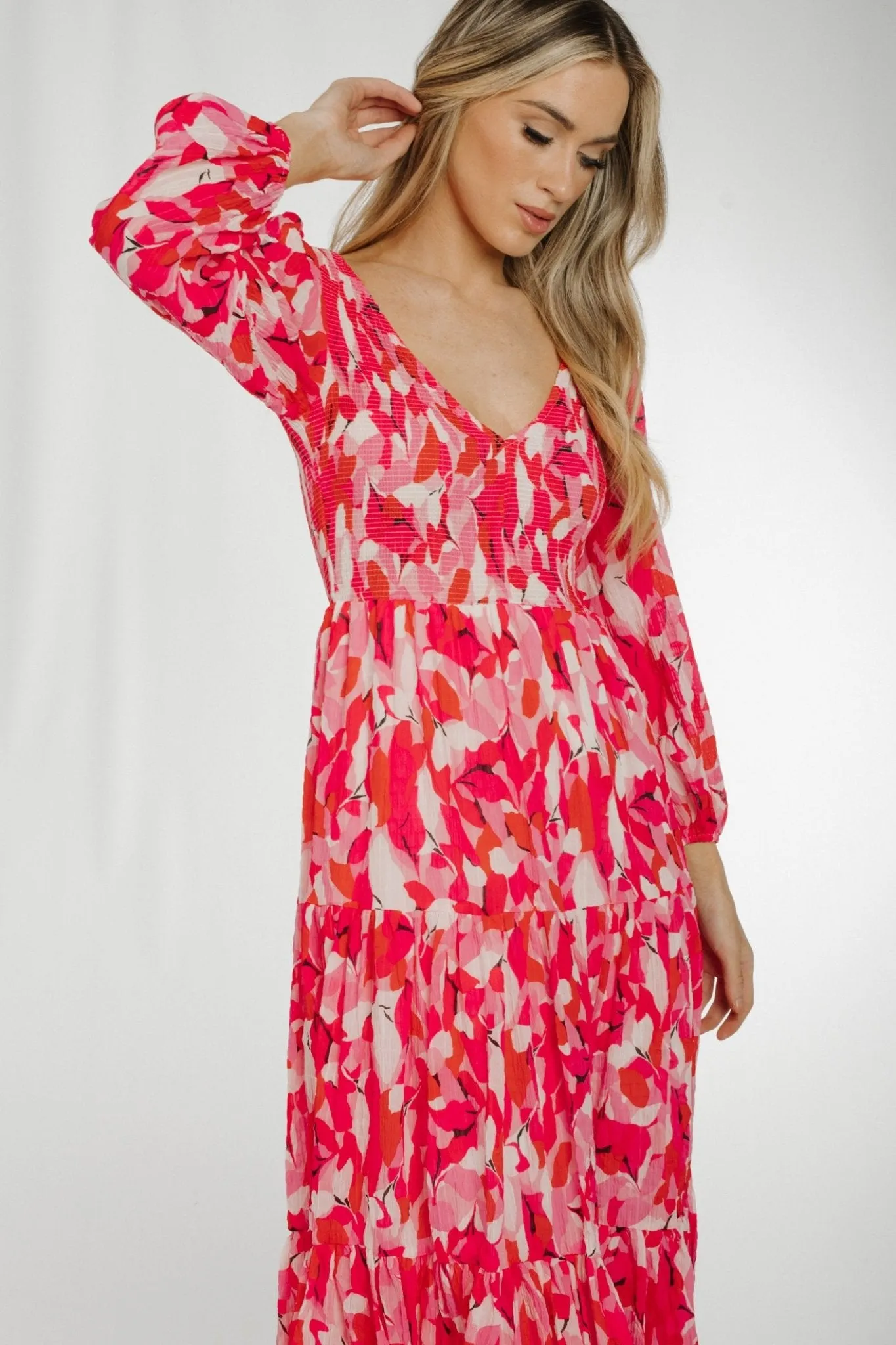 Becca Tiered Midi Dress In Pink Multi