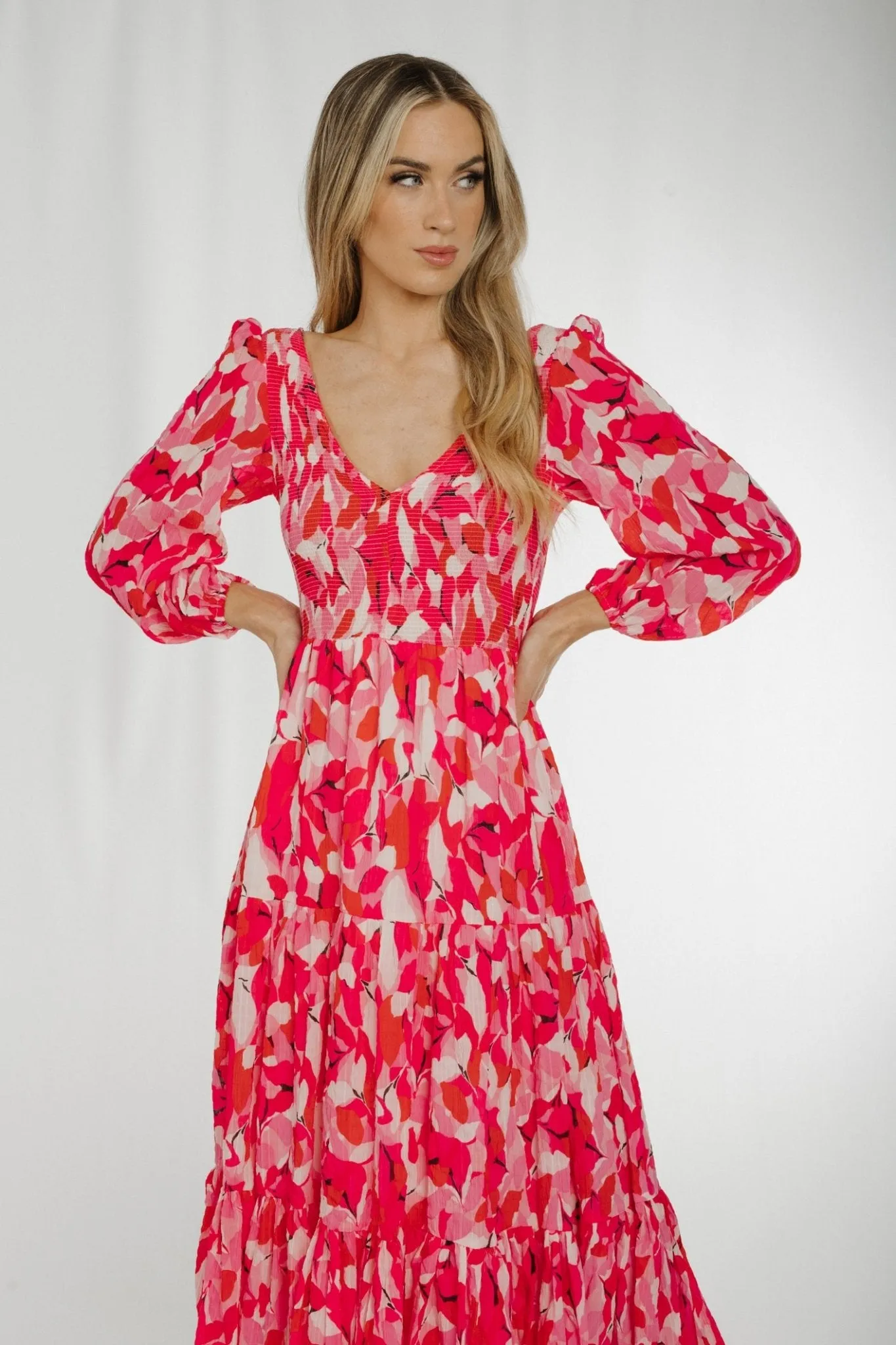 Becca Tiered Midi Dress In Pink Multi