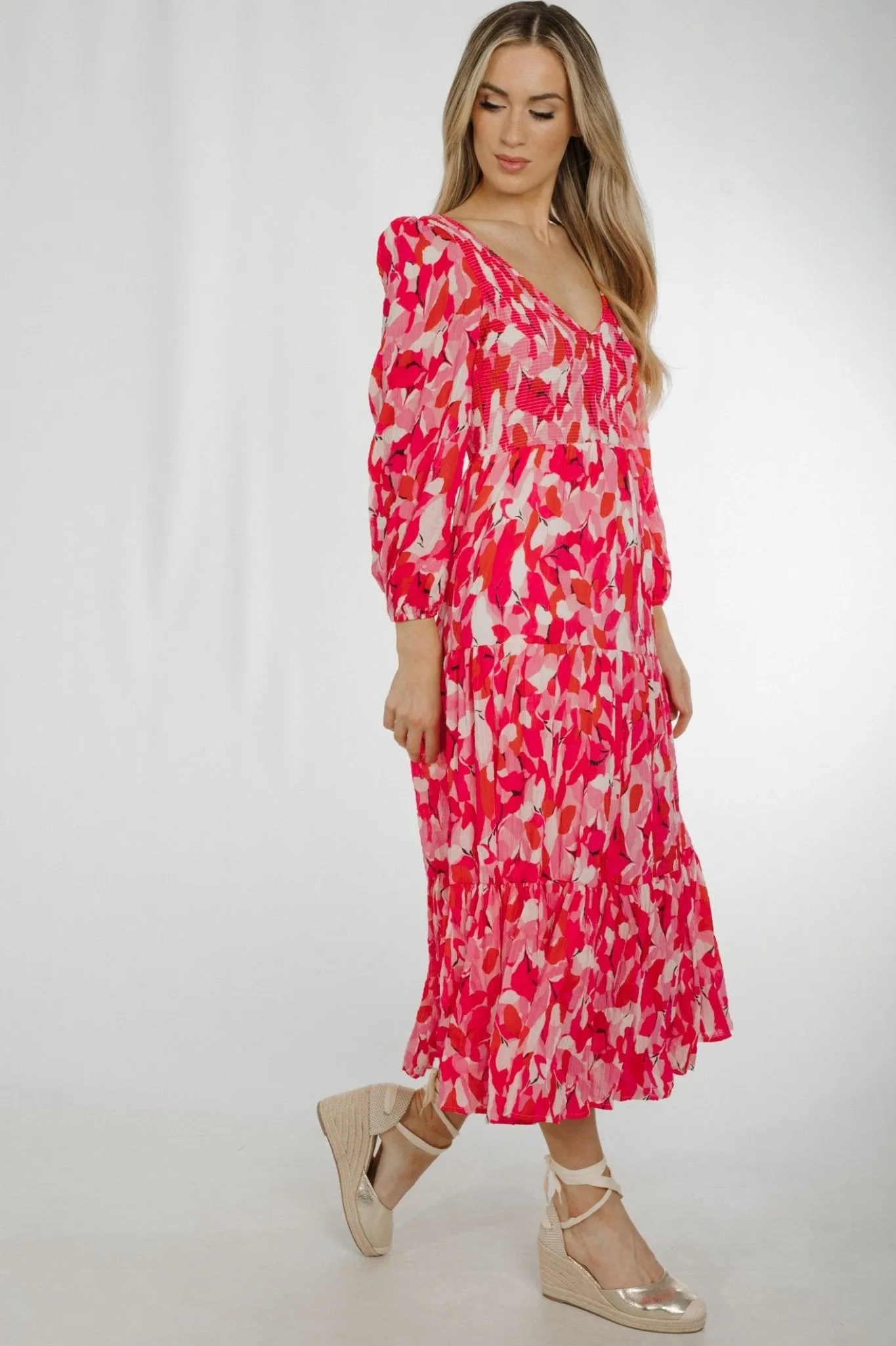 Becca Tiered Midi Dress In Pink Multi