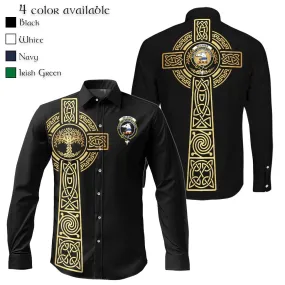 Belshes (Belsches) Clan Mens Long Sleeve Button Up Shirt with Golden Celtic Tree Of Life