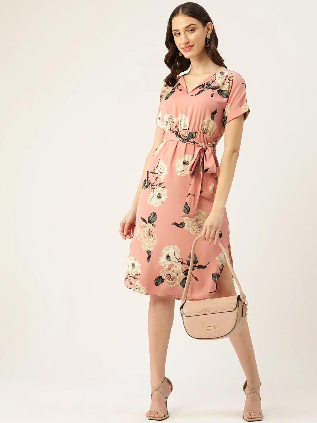 Berrylush Women Pink & Green Floral Printed Shirt Collar Neck Waist Tie-Up Crepe Side-Slited A-Line Midi Dress