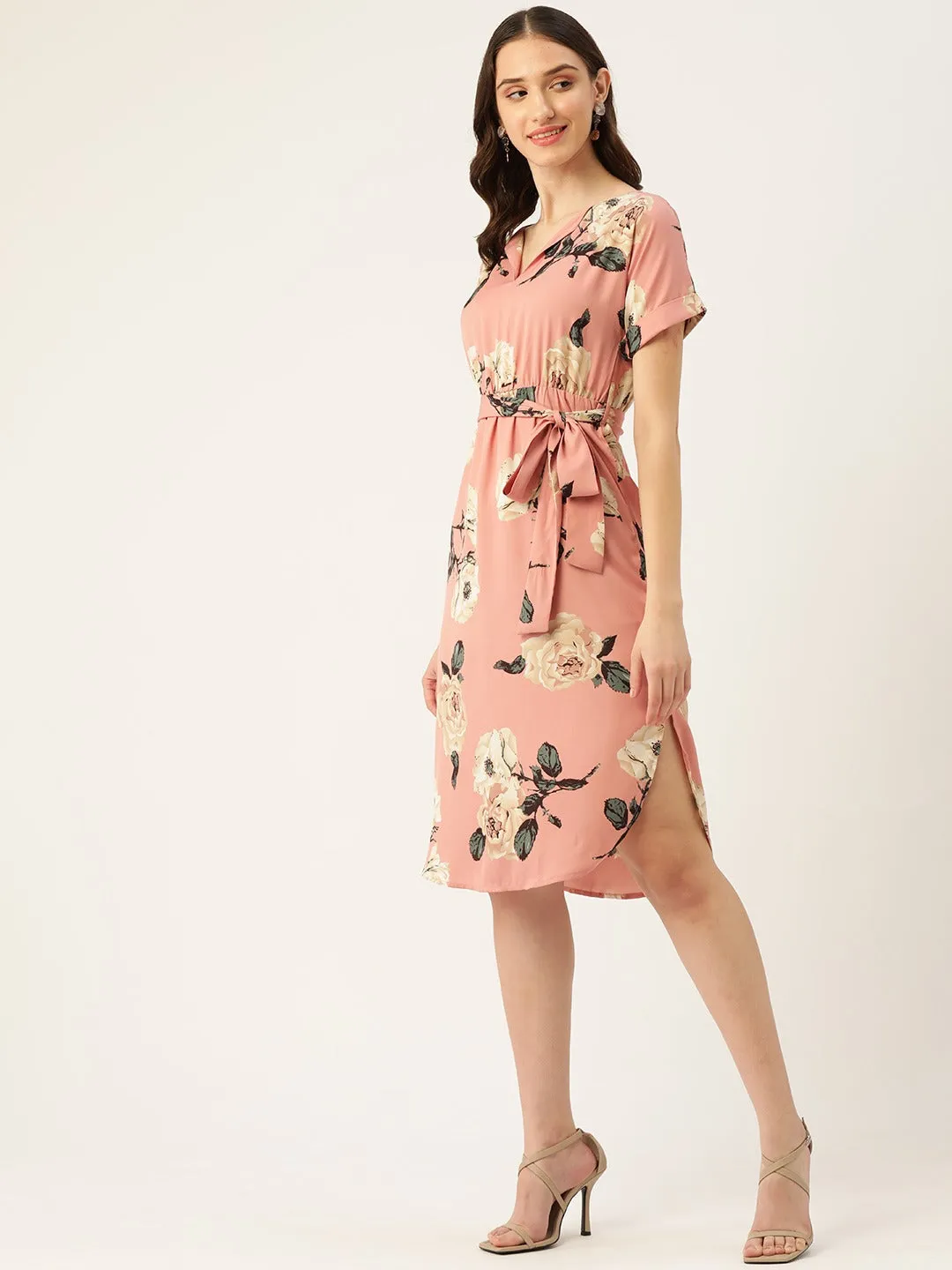 Berrylush Women Pink & Green Floral Printed Shirt Collar Neck Waist Tie-Up Crepe Side-Slited A-Line Midi Dress