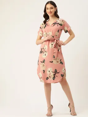 Berrylush Women Pink & Green Floral Printed Shirt Collar Neck Waist Tie-Up Crepe Side-Slited A-Line Midi Dress