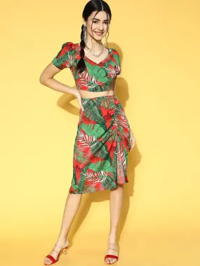 Berrylush Women Red & Green Tropical Printed Sweetheart Neck Front Tie-Up Straight Hem Ruched Midi Co-Ordinated Set