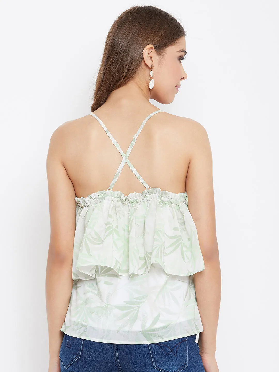 Berrylush Women White Leaf Printed Layered Strappy Top