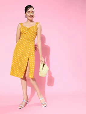 Berrylush Women Yellow Polka Dot Printed Sweetheart Neck Flared A-Line Midi Dress