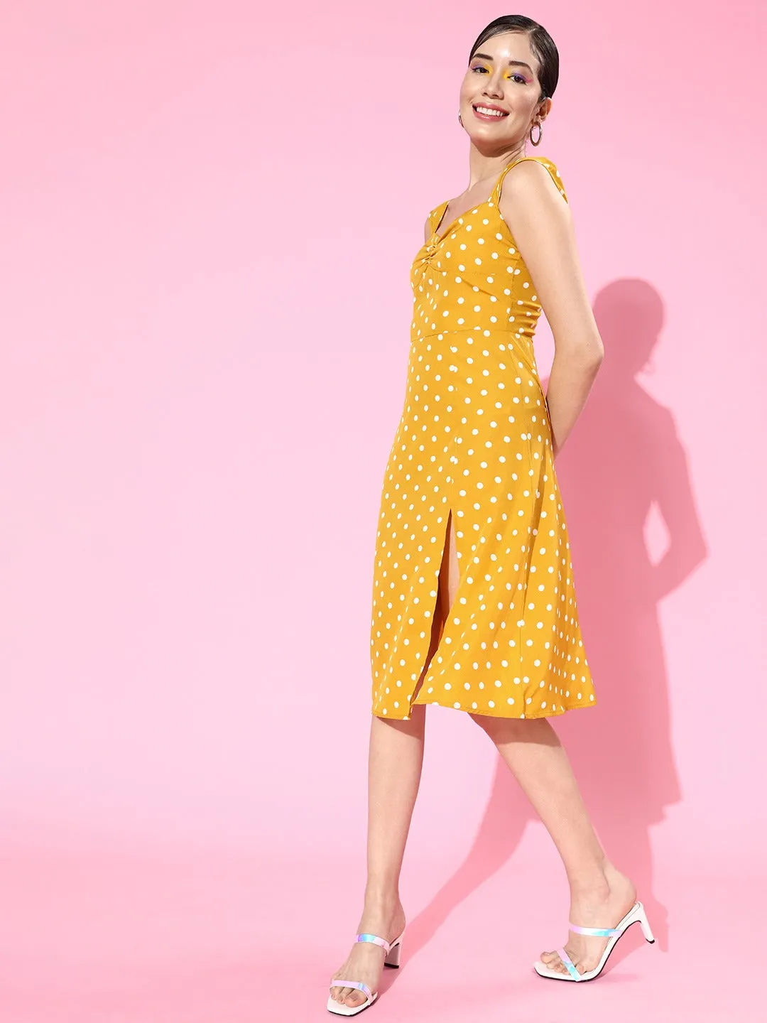 Berrylush Women Yellow Polka Dot Printed Sweetheart Neck Flared A-Line Midi Dress