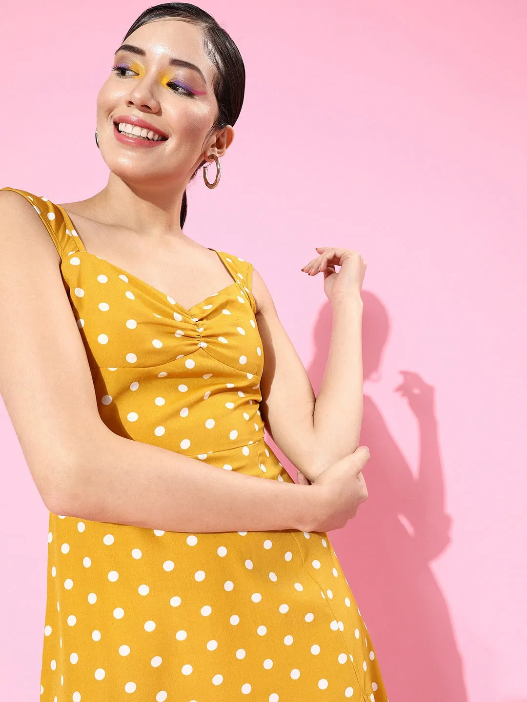 Berrylush Women Yellow Polka Dot Printed Sweetheart Neck Flared A-Line Midi Dress