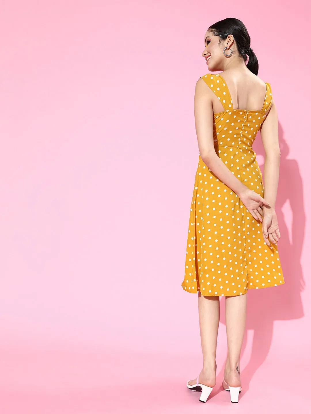 Berrylush Women Yellow Polka Dot Printed Sweetheart Neck Flared A-Line Midi Dress