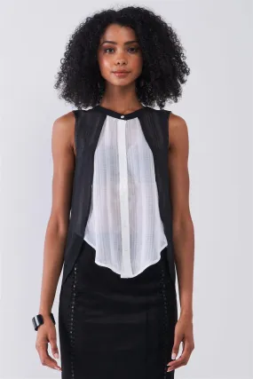 Black & White Double Layered Round Neck Sleeveless Front Button Down Skirt Asymmetrical Hem Top /1-2-2-1