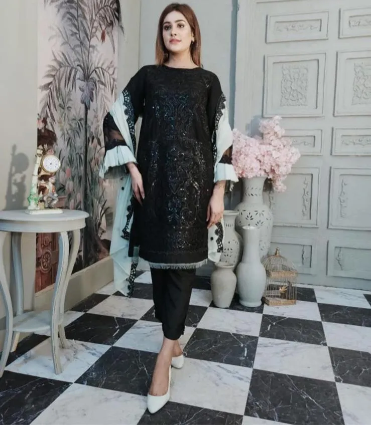 Black Chiffon With Sequin Embroidery