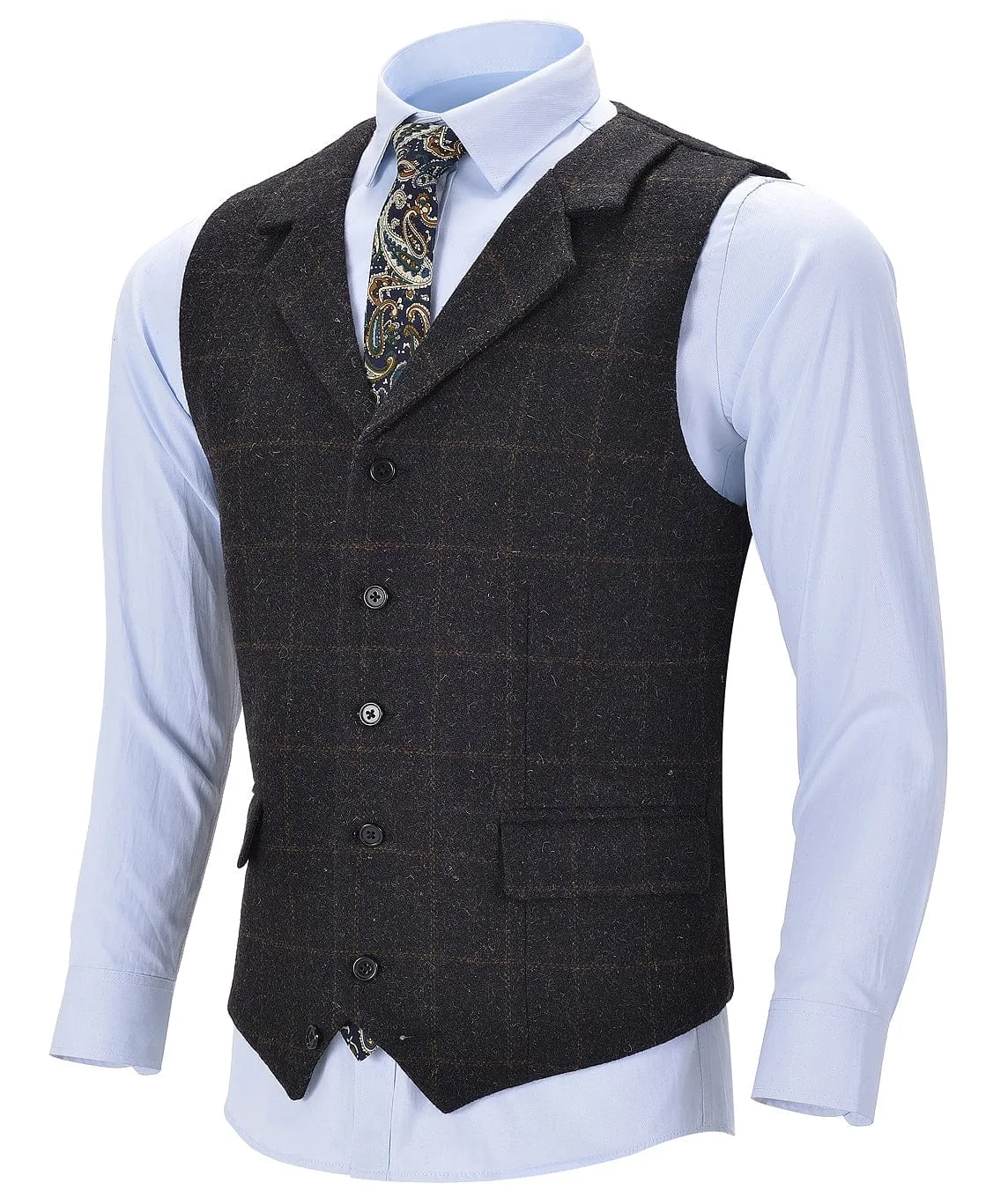 Black Formal Plaid Notch Lapel Waistcoat Slim Fit Suit Vest