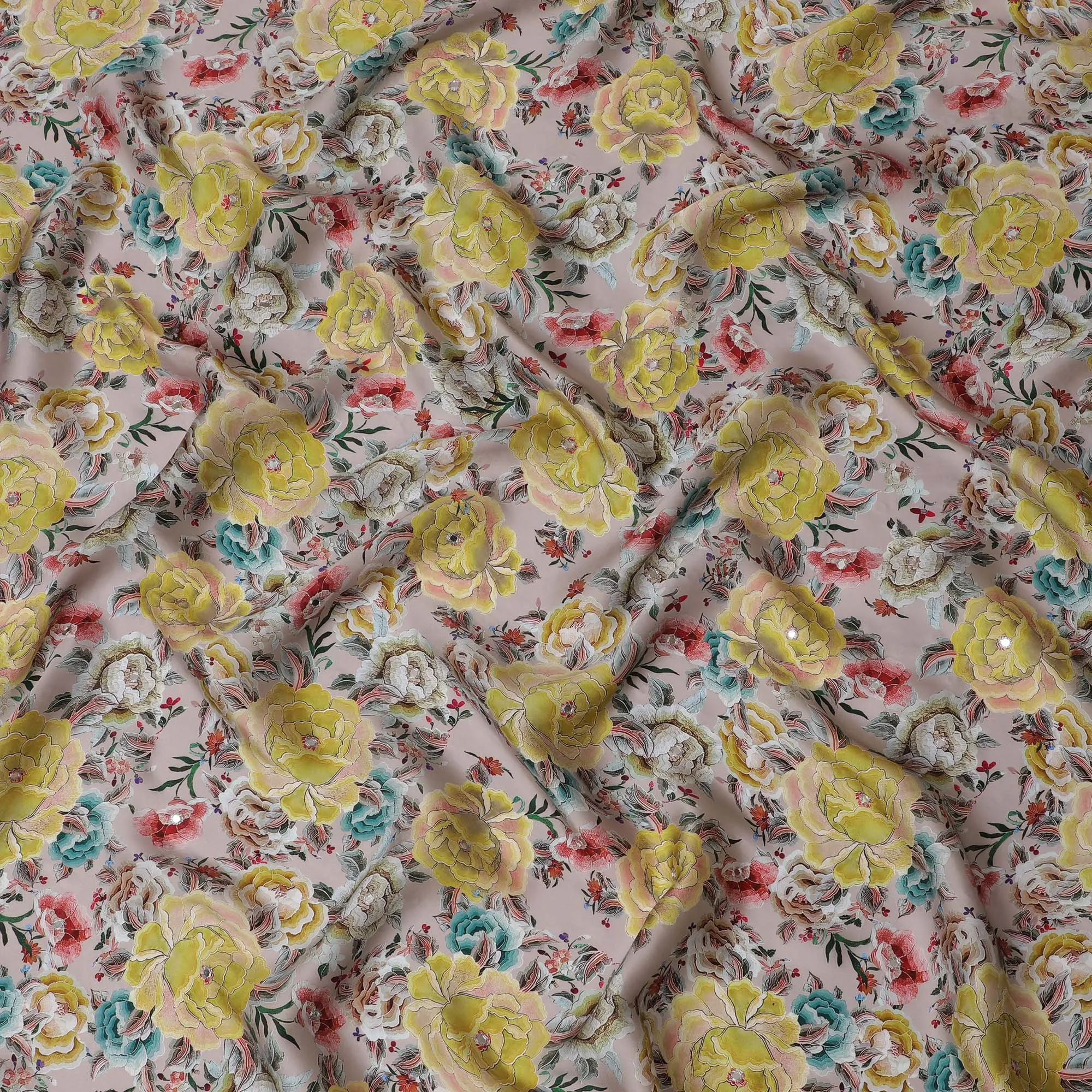 Blush Pink & Yellow Floral Viscose Modal Satin Fabric with Mirror Work - 110 cm Width-D20273