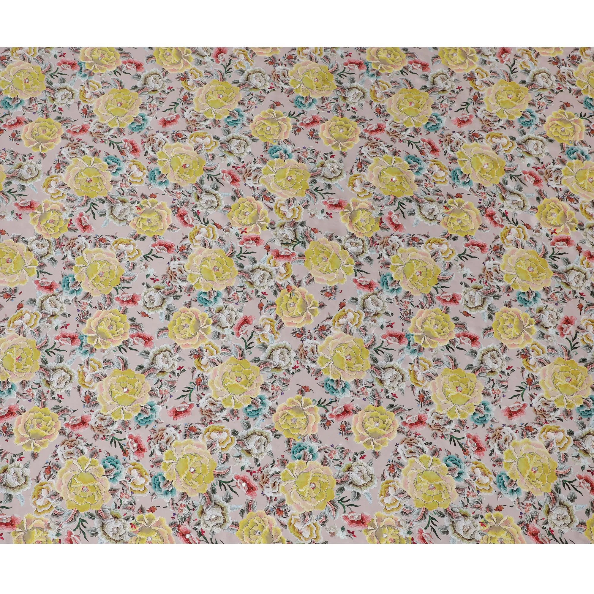 Blush Pink & Yellow Floral Viscose Modal Satin Fabric with Mirror Work - 110 cm Width-D20273