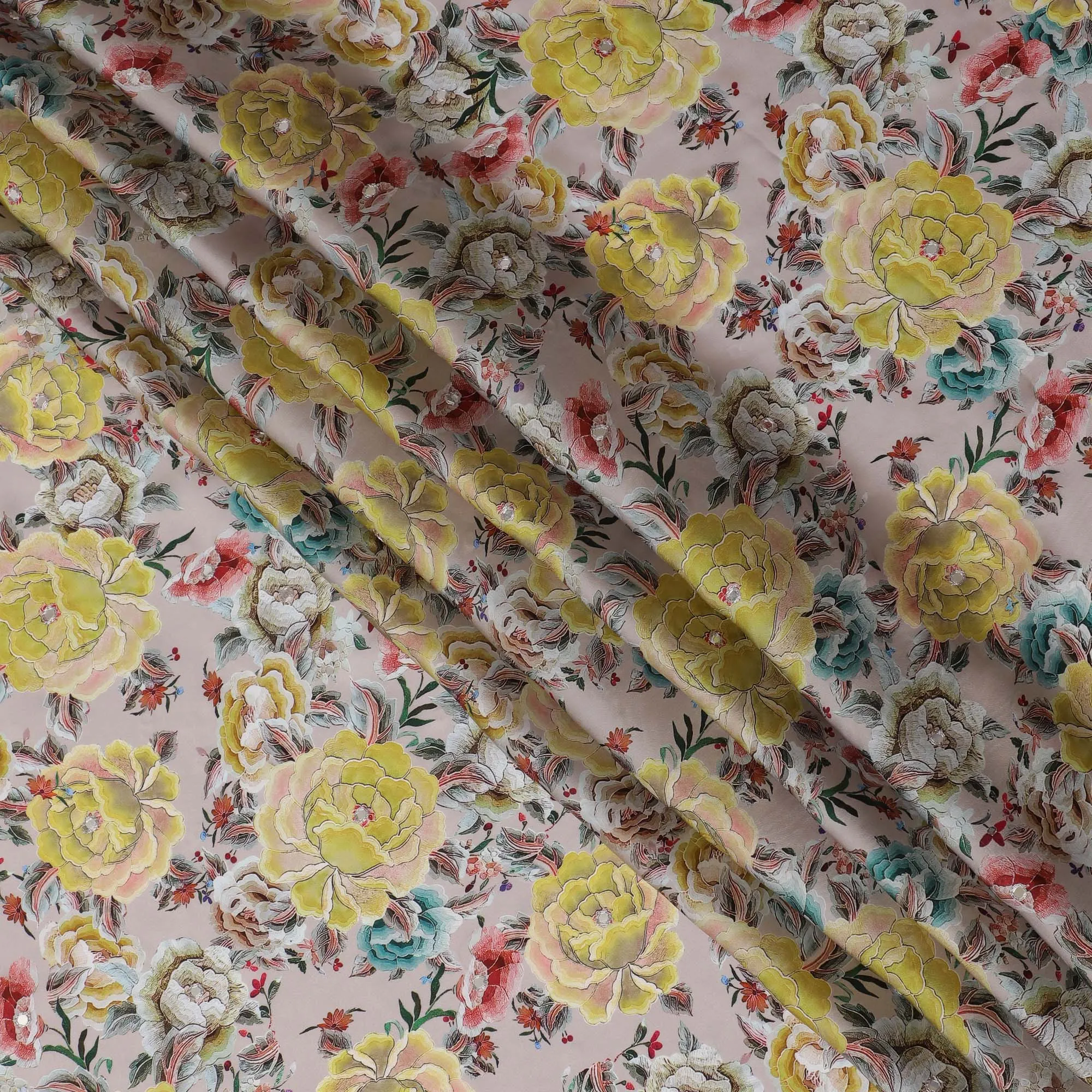 Blush Pink & Yellow Floral Viscose Modal Satin Fabric with Mirror Work - 110 cm Width-D20273