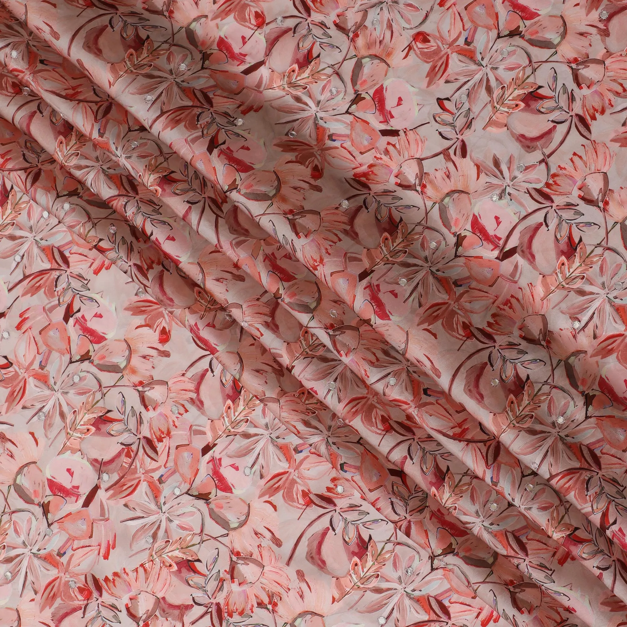 Blush Pink Floral Viscose Modal Satin Fabric with Mirror Work - 110 cm Width-D20267