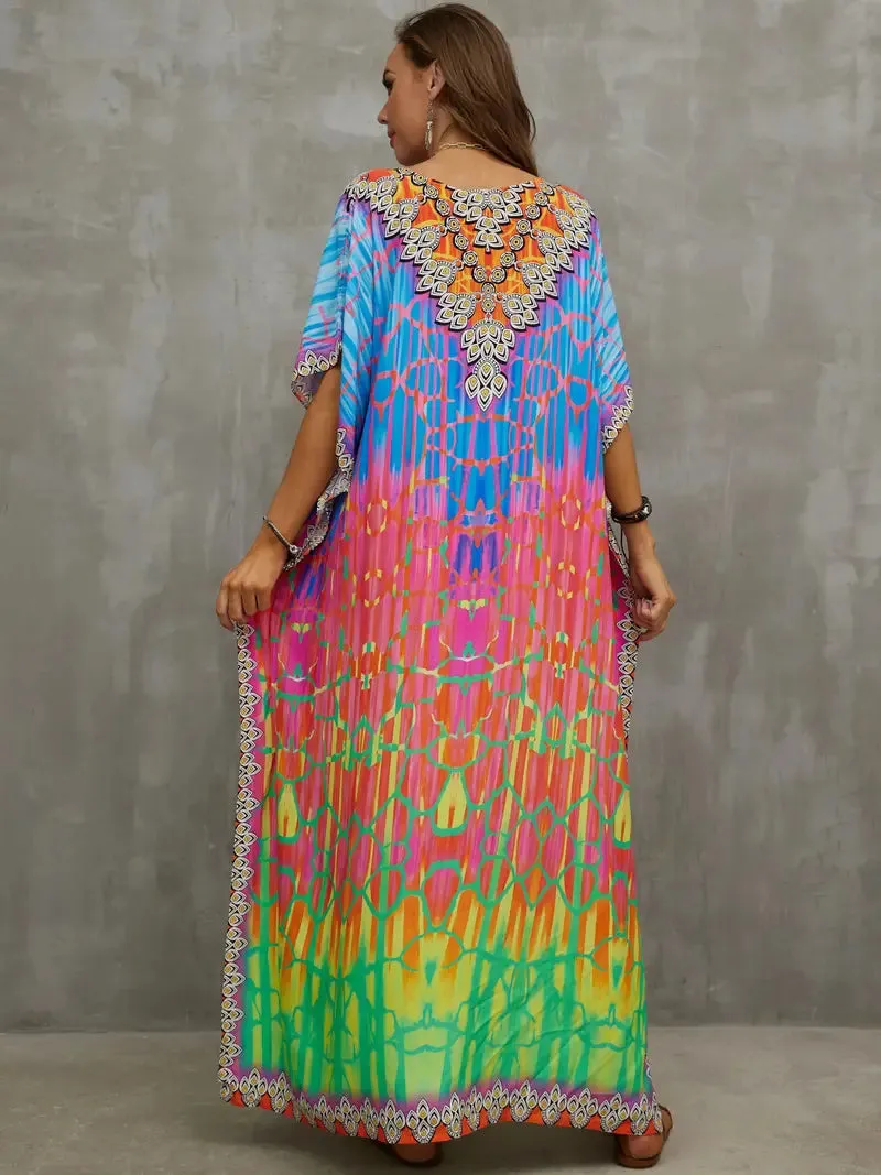 Boho Festival Pink & Blue Rainbow Multicolor Tie Dye Kaftan Dress