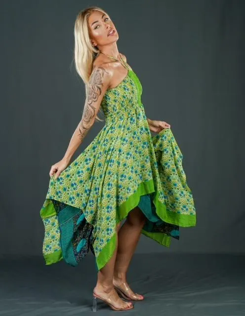 Boho Festival Silk Strapless Shades of Green Dress Convertible to Skirt